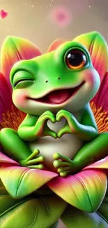 Cute cartoon frog with heart on flower.
