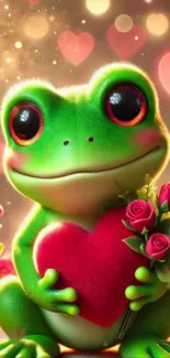 Cute frog holding a heart with roses and lights background.