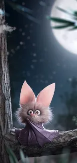 Cute furry creature on a tree with a full moon backdrop.