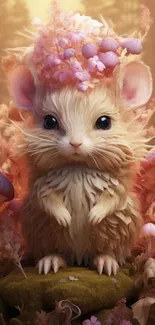 Adorable furry creature in a fantasy floral setting as mobile wallpaper.