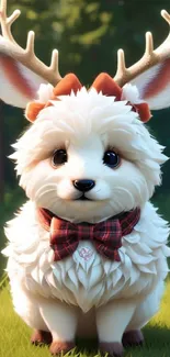 Adorable furry creature with antlers and a bow tie in a forest setting.