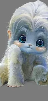 Cute furry creature with big eyes on gray background.