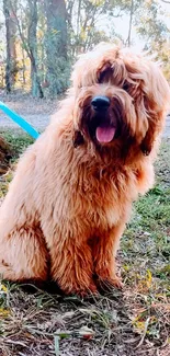 Adorable fluffy dog sitting outside in nature.