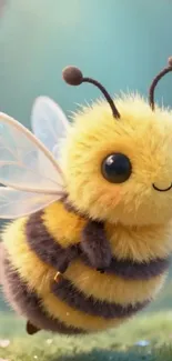 A cute, fuzzy, animated bee in a vibrant setting.