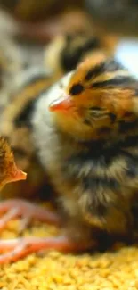 Adorable fuzzy chicks grouped together on soft grain background.