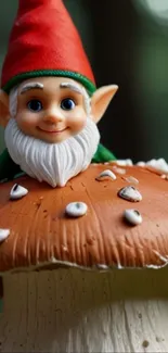 Adorable gnome on a mushroom in a forest setting wallpaper.
