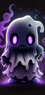 Cute ghost cartoon with glowing purple details on a dark background.