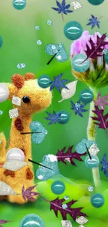 Cute giraffe plush with colorful flora and floating leaves on mobile wallpaper.