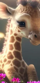 Adorable giraffe with pink flowers on mobile wallpaper.