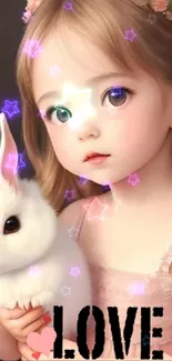 Adorable girl holding a white bunny with love text.