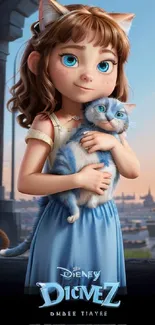 Animated girl with cat ears holding a blue-eyed cat.