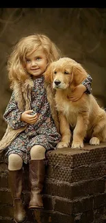 Little girl sitting with golden retriever puppy, warm earthy tones, mobile wallpaper.