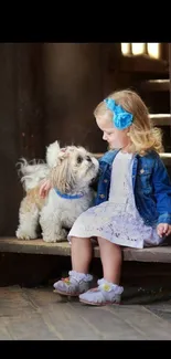 Girl in blue with puppy on steps, charming mobile wallpaper.