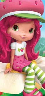 Cute animated girl with pink hair sitting on a flower in a strawberry garden.