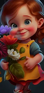 Cute cartoon girl with colorful bouquet.