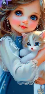 Adorable girl with big blue eyes holding a fluffy kitten.