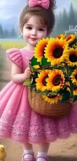 Little girl in pink dress holding sunflowers on a scenic path.