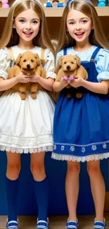 Two smiling girls holding puppies in a playful wallpaper scene.