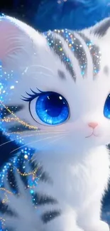 Glittery kitten with big blue eyes in fantasy setting.
