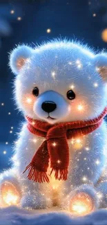 Cute bear in red scarf with glowing lights, blue background.