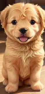 Cute golden puppy sitting on wooden floor, smiling cheerfully.