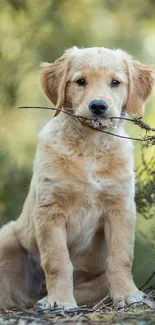 Cute golden retriever puppy holding a stick in a natural setting.