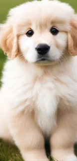 Adorable golden retriever puppy sitting on grass.