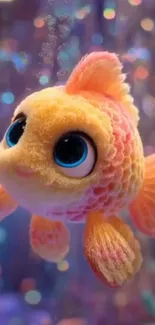 Adorable animated goldfish with big blue eyes in vibrant colors.