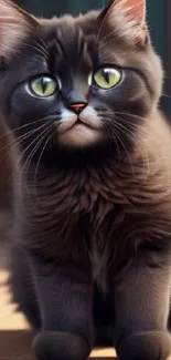 Adorable gray kitten with green eyes on wooden floor.