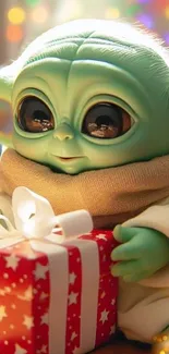 Cute green alien holding a red gift box.