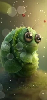 Charming digital artwork of a cute green bug with glowing effects.