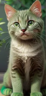 Green cat with mesmerizing eyes in a natural setting