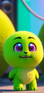 Adorable green creature with big eyes on a vibrant cartoon background.