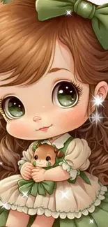 Cute doll with green eyes in a whimsical design.