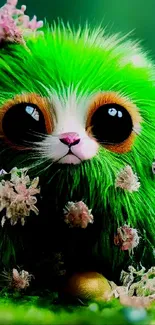 Cute green furry creature with pink flowers.