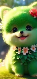 Green puppy with flowers on vibrant background.