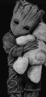 Cute character hugging a fluffy teddy bear on a black background.