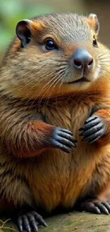 Adorable groundhog sitting alert in nature setting.