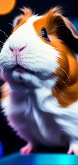 Adorable guinea pig with orange and white fur against a vibrant background.