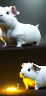 Adorable guinea pig with glowing light in a dark setting.