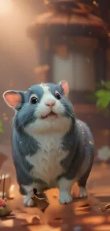 Adorable cartoon hamster in a fantasy setting, creating a whimsical atmosphere.