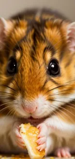 Adorable hamster nibbling on a snack.