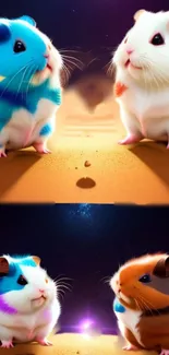 Colorful hamsters against a starry galaxy backdrop.