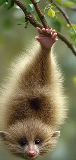 A fluffy creature hanging from a branch, displaying its adorable features.