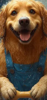 Adorable golden retriever wearing blue overalls, smiling happily.