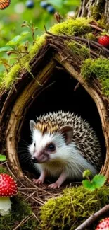 Adorable hedgehog sitting in a forest hollow with mushrooms and moss.