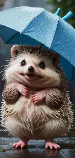 A cute hedgehog holds a blue umbrella on a rain-soaked street.