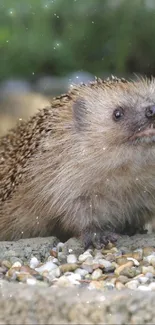 Cute hedgehog on gravel with greenery background.