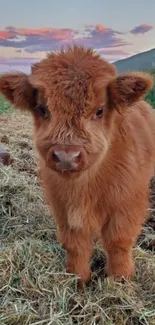 Fluffy Highland calf standing on hay with a scenic sunset backdrop.