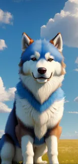 Husky sitting on grass under a blue sky with clouds.